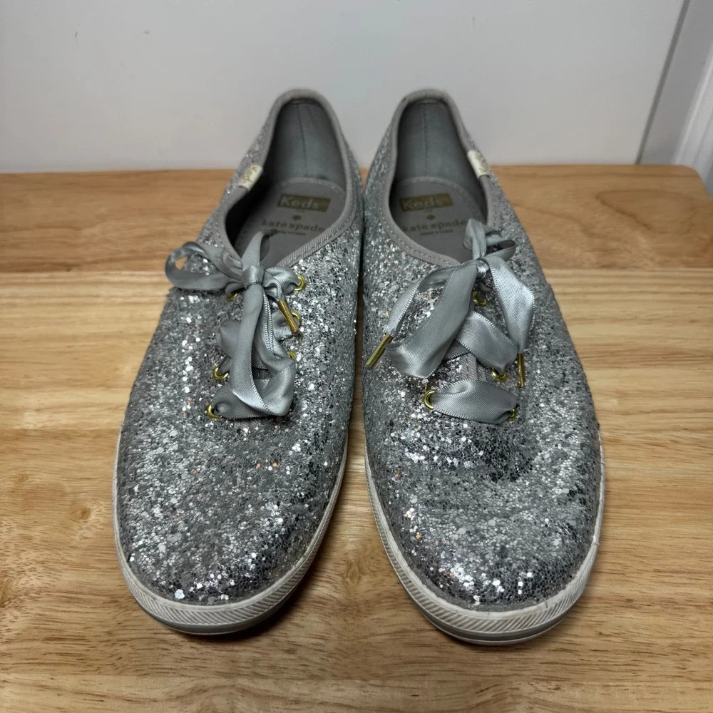 Kate Spade x Keds Champion Silver Glitter Ribbon Sneakers WF52390 Womens 8.5